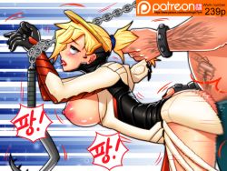Rule 34 | 1boy, 1girl, ahegao, artist request, blonde hair, blue eyes, blush, bodysuit, breasts, chain, clothed sex, from side, grabbing another&#039;s hair, gradient background, halo, hetero, implied sex, large breasts, mechanical halo, mercy (overwatch), nipples, open mouth, overwatch, overwatch 1, ponytail, rape, restrained, roadhog (overwatch), sex, text focus, tongue, tongue out