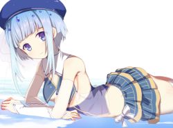 Rule 34 | 1girl, arm support, bad id, bad pixiv id, bare shoulders, blue eyes, blue hair, blue hat, blunt bangs, cenote (sennen sensou aigis), colored eyelashes, hat, looking at viewer, lying, midriff, miniskirt, nachisuke, on stomach, sennen sensou aigis, skirt, smile, solo, thighs, white background