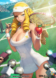 Rule 34 | 1girl, apple, ball, bare shoulders, blonde hair, blue eyes, breasts, cleavage, copyright name, cowboy shot, crowd, dress, dutch angle, food, fruit, large breasts, lens flare, light rays, long hair, looking at viewer, microphone, newton (qurare magic library), ningu, official art, original, outdoors, pinky out, qurare magic library, racket, red apple, ringlets, short dress, solo focus, sportswear, sweat, tennis ball, tennis court, tennis racket, tennis uniform, visor cap, white dress