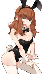 Rule 34 | 1girl, absurdres, animal ear hairband, animal ears, black bow, black bowtie, black leotard, blunt bangs, blush, bow, bowtie, breasts, brown eyes, brown hair, cleavage, commentary request, contrapposto, cowboy shot, detached collar, fake animal ears, girls und panzer, highres, large breasts, leotard, long hair, looking at viewer, open mouth, playboy bunny, rabbit ear hairband, rabbit ears, sattinittas, simple background, skindentation, solo, strapless, strapless leotard, takebe saori, thick thighs, thighhighs, thighs, white background, white thighhighs, white wrist cuffs, wrist cuffs