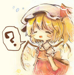 Rule 34 | 1girl, = =, ?, ascot, blonde hair, blush, bow, closed eyes, collared shirt, commentary request, crystal, dress, fang, flandre scarlet, hat, hat ribbon, kouba, mob cap, open mouth, puffy sleeves, red dress, red ribbon, red skirt, red vest, ribbon, shirt, short hair, short sleeves, side ponytail, simple background, skirt, solo, speech bubble, touhou, vest, white bow, white hat, white sleeves, wings, yellow ascot