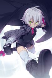Rule 34 | 1girl, black cloak, black gloves, black shorts, black vest, boots, breasts, cloak, collared shirt, echo (circa), facial scar, fate/grand order, fate (series), gloves, green eyes, grey shirt, grin, hair between eyes, jack the ripper (fate/apocrypha), jack the ripper (memory of qualia) (fate), knife, long sleeves, looking at viewer, necktie, scar, scar across eye, scar on cheek, scar on face, shirt, short hair, shorts, shoulder tattoo, small breasts, smile, solo, tattoo, thighhighs, vest, white hair, white thighhighs