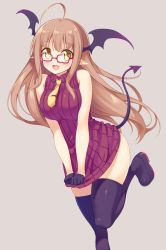Rule 34 | 1girl, ahoge, bat wings, black gloves, black thighhighs, blush, boots, breasts, brown hair, clothes tug, demon girl, demon tail, fang, glasses, gloves, head wings, highres, kazuma (kazumav), large breasts, legs folded, long hair, open mouth, original, pointy ears, red-framed eyewear, ribbed sweater, simple background, sleeveless, smile, solo, sweater, sweater tug, tail, thigh boots, thighhighs, wings, yellow eyes