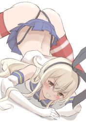 Rule 34 | 1girl, arm rest, ass, black hairband, black neckerchief, black panties, blonde hair, blue sailor collar, blue skirt, calin, crop top, elbow gloves, gloves, grey eyes, grin, hairband, hands on ground, highleg, highleg panties, highres, jack-o&#039; challenge, kantai collection, long hair, microskirt, miniskirt, neckerchief, panties, pleated skirt, sailor collar, shimakaze (kancolle), skirt, smile, solo, spread legs, striped clothes, striped thighhighs, thighhighs, thong, top-down bottom-up, underwear, white gloves, wide spread legs