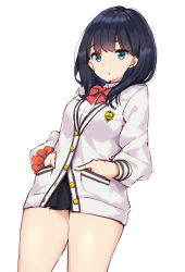 Rule 34 | 10s, 1girl, amagasa yun, black hair, black skirt, bow, breasts, cardigan, commentary request, cowboy shot, dutch angle, gridman universe, hands in pockets, long hair, looking at viewer, medium breasts, parted lips, pleated skirt, purple eyes, red bow, school uniform, shirt, simple background, skirt, solo, ssss.gridman, takarada rikka, thighs, white background, white cardigan, white shirt