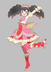 Rule 34 | 1girl, :d, arm up, black hair, blush, boots, dragon wings, dress, frilled dress, frills, full body, gaaruru (pripara), grey background, grey eyes, hachimu yan, headphones, high heels, highres, horns, idol clothes, long hair, looking at viewer, open mouth, paw shoes, pretty series, pripara, red dress, red footwear, red horns, red thighhighs, sleeveless, sleeveless dress, smile, solo, standing, standing on one leg, tail, thighhighs, tiara, twintails, wings, wrist cuffs