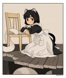 Rule 34 | 1girl, akai sashimi, animal ears, apron, black hair, chair, highres, kneeling, leaning on object, maid, maid apron, original, short hair, tail