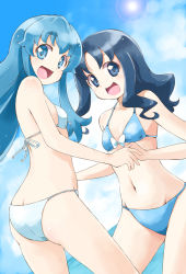 Rule 34 | 10s, 2girls, ass, bikini, blue eyes, blue hair, blue sky, blush, breasts, characteristic connection, color connection, crossover, female focus, holding hands, happinesscharge precure!, happy, heartcatch precure!, kurumi erika, long hair, looking at viewer, multiple girls, ocean, open mouth, precure, ribbon, satogo, shirayuki hime, sky, small breasts, smile, standing, swimsuit, water