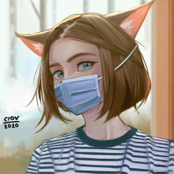 Rule 34 | 1girl, animal ears, artist name, brown hair, cat ears, ciov, close-up, commentary, coronavirus pandemic, english commentary, green eyes, looking to the side, mask, mouth mask, original, portrait, shirt, short hair, solo, striped clothes, striped shirt