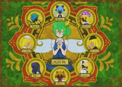 Rule 34 | 6+girls, black hair, blonde hair, blue hair, blue shirt, blue vest, byoubyou99, cirno, closed eyes, clownpiece, colored skin, covering own ears, covering own eyes, covering own mouth, daiyousei, eternity larva, fairy, fairy wings, green background, green hair, hair ornament, hair ribbon, hands on own chest, hat, highres, jester cap, lily black, lily white, long hair, long sleeves, luna child, multiple girls, one-hour drawing challenge, orange hair, own hands clasped, own hands together, purple skin, ribbon, shaded face, shadowed, shirt, short hair, short sleeves, side ponytail, silhouette, star sapphire, sunny milk, symbol, torch, touhou, vest, white shirt, wings, yellow neckwear