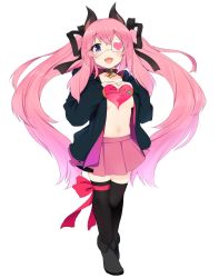 Rule 34 | 1girl, nanashi inc., animal ears, animare, bat ears, black footwear, black jacket, black ribbon, blush, bow, breasts, collar, collarbone, eyepatch, fang, full body, hair ribbon, hands on own chest, highres, holding hands, jacket, long hair, long sleeves, looking at viewer, medium breasts, nejime, no bra, open clothes, open jacket, open mouth, own hands together, pink hair, pink skirt, purple eyes, red bow, ribbon, skin fang, skirt, smile, solo, standing, stomach, symbol-shaped pupils, thighhighs, twintails, two side up, umori hinako, very long hair, virtual youtuber, white background