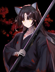 Rule 34 | 1girl, absurdres, animal ears, arknights, black background, black hair, black kimono, blood, blood on clothes, blood splatter, closed mouth, e nnihql, frown, highres, holding, holding polearm, holding weapon, japanese clothes, kimono, long hair, long sleeves, looking at viewer, parted bangs, polearm, saga (arknights), solo, split mouth, upper body, weapon, wide sleeves, yellow eyes
