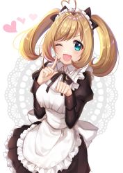 Rule 34 | 1girl, ;d, ahoge, apron, black bow, black dress, blue eyes, blush, bow, breasts, commentary request, doily, dress, fingernails, frilled apron, frills, hair bow, heart, heart ahoge, highres, idolmaster, idolmaster cinderella girls, index finger raised, juliet sleeves, light brown hair, long hair, long sleeves, looking at viewer, maid, maid apron, maid headdress, medium breasts, one eye closed, open mouth, puffy sleeves, sato shin, satoimo chika, sidelocks, smile, solo, twintails, white apron, white background, white bow