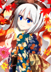 Rule 34 | 1girl, alternate costume, autumn leaves, bead bracelet, beads, black hairband, black ribbon, blue eyes, blurry, blurry foreground, bracelet, closed mouth, colored eyelashes, commentary request, falling leaves, flower, from behind, hair ribbon, hairband, highres, japanese clothes, jewelry, kimono, konpaku youmu, leaf, long sleeves, looking at viewer, looking back, maple leaf, obi, pink flower, print kimono, ribbon, sash, sazanami mio, short hair, silver hair, smile, solo, touhou, upper body, wide sleeves