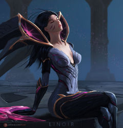Rule 34 | 1girl, arched back, arm support, armor, artist name, black hair, breasts, collarbone, column, dust, closed eyes, facepaint, gauntlets, gold trim, greaves, highres, kai&#039;sa, league of legends, leaning back, crossed legs, linoir, lips, lipstick, long hair, makeup, neon trim, night, outdoors, parted lips, patreon logo, patreon username, pillar, sideboob, sitting, small breasts, solo, stone floor, watermark, web address