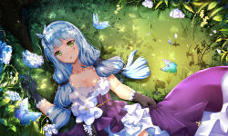 Rule 34 | 1girl, animal, bare shoulders, black gloves, black scrunchie, blue hair, blush, breasts, bug, butterfly, chahei, cleavage, closed mouth, collarbone, commentary request, dated, day, dress, dutch angle, earrings, facial mark, flower, girls&#039; frontline, gloves, green eyes, hair ornament, hair scrunchie, hand up, highres, hk416 (girls&#039; frontline), hk416 (starry cocoon) (girls&#039; frontline), holding, holding flower, insect, jewelry, long hair, looking at viewer, lying, medium breasts, official alternate costume, on back, outdoors, purple dress, roots, sash, scrunchie, signature, solo, strapless, strapless dress, very long hair, white flower, yellow flower