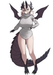 Rule 34 | 1girl, blonde hair, blush, breasts, claws, dragon girl, dragon horns, dragon tail, dragon wings, extra horns, full body, green eyes, hair between eyes, highres, horns, huge breasts, long hair, looking at viewer, original, pointy ears, pout, ribbed sweater, scales, simple background, slit pupils, solo, sweater, tail, turtleneck, turtleneck sweater, v-shaped eyebrows, white background, white sweater, wings, yutorin kakka
