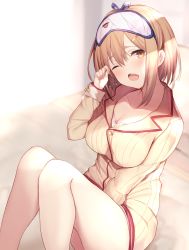 Rule 34 | 1girl, atelier (series), atelier ryza, atelier ryza 1, blush, breasts, brown eyes, brown hair, cleavage, collarbone, commentary request, hair ornament, hairclip, headband, highres, large breasts, legs, long sleeves, looking at viewer, maosame, one eye closed, open mouth, pajamas, reisalin stout, short hair, sitting, solo, teeth, thighs, upper teeth only