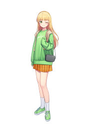 Rule 34 | 1girl, alternate costume, bag, blonde hair, blunt bangs, commentary, deadnooodles, full body, green eyes, green footwear, green shirt, highres, jacket, long hair, long sleeves, looking at viewer, love live!, love live! superstar!!, one eye closed, plaid, shirt, shoes, simple background, skirt, smile, sneakers, socks, solo, standing, symbol-only commentary, white background, white socks