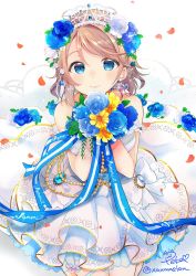 Rule 34 | 1girl, blue eyes, blue flower, blue ribbon, blush, bouquet, bow, brown hair, commentary request, dress, earrings, flower, gem, group name, hair flower, hair ornament, highres, holding, holding bouquet, jewelry, looking at viewer, love live!, love live! school idol festival, love live! sunshine!!, peke (xoxopeke), petals, ribbon, rose, short hair, signature, smile, solo, sparkle, striped ribbon, tiara, twitter username, watanabe you, wedding dress, white bow, white dress, white flower, white rose, yellow flower