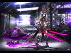 Rule 34 | 1girl, animal ears, armor, armored boots, black hair, blurry, blurry background, boots, capelet, dual wielding, full body, gauntlets, gia, highres, holding, hood, katana, legs apart, letterboxed, long hair, looking at viewer, midriff, original, pleated skirt, rabbit ears, red eyes, skirt, solo, standing, sword, weapon, wind