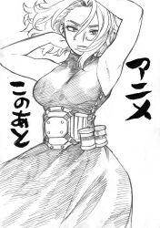 Rule 34 | 1girl, armpits, arms up, belt, boku no hero academia, breasts, dress, female focus, greyscale, hair between eyes, hand in own hair, highres, horikoshi kouhei, lady nagant, large breasts, looking at viewer, mature female, medium hair, monochrome, official art, sketch, sleeveless, sleeveless dress, smile, solo, traditional media, white background