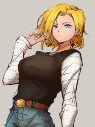 Rule 34 | 1girl, android 18, belt, black shirt, blonde hair, blue eyes, blue pants, brown belt, closed mouth, denim, dragon ball, dragonball z, earrings, grey background, hand up, high-waist pants, jeans, jewelry, kemachiku, long sleeves, looking at viewer, pants, shirt, short hair, simple background, solo, striped sleeves