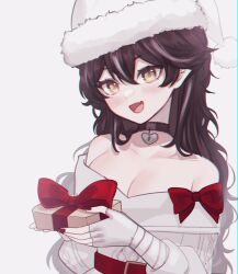 Rule 34 | absurdres, bandaged arm, bandages, bare shoulders, belt, black choker, blush, bow, breasts, brown hair, choker, christmas, cleavage, collarbone, fang, fingerless gloves, fur trim, gift, gloves, hair between eyes, hat, heart, heart choker, highres, large breasts, looking at viewer, off-shoulder sweater, off shoulder, open mouth, original, santa hat, simple background, skin fang, sky above me, smile, sweater, upper body, white background, white gloves, white sweater, yellow eyes