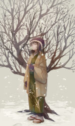 Rule 34 | 1girl, 23el, bare tree, brown eyes, brown hair, blowing bubbles, chewing gum, full body, gloves, highres, japanese clothes, kimono, medium hair, original, purple gloves, purple headwear, snow, snowing, solo, standing, tree, winter