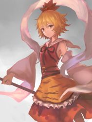 Rule 34 | 1girl, animal print, bad id, bad pixiv id, bare shoulders, blonde hair, cowboy shot, detached sleeves, expressionless, frills, gradient background, grey background, hair between eyes, hair ornament, holding, holding weapon, looking at viewer, okakan, red shirt, red skirt, shirt, short hair, skirt, solo, staff, tiger print, toramaru shou, touhou, weapon, white sleeves, wide sleeves, yellow eyes