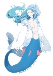 Rule 34 | 1boy, blue eyes, blue hair, character name, creatures (company), dated, dc9spot, fins, fish tail, floating hair, game freak, gen 7 pokemon, highres, long hair, male focus, matching hair/eyes, merman, monster boy, nintendo, personification, pokemon, pokemon sm, ponytail, primarina, signature, simple background, smile, solo, starfish hair ornament, tail, very long hair, white background