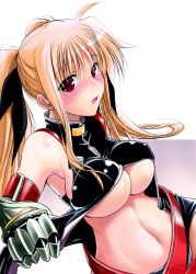 Rule 34 | 00s, 1girl, blonde hair, breasts, fate testarossa, fate testarossa (true sonic form), highres, large breasts, long hair, lyrical nanoha, mahou shoujo lyrical nanoha, mahou shoujo lyrical nanoha strikers, midriff, non-web source, red eyes, soba (saz), solo, twintails, underboob, undressing