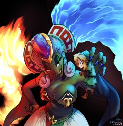 Rule 34 | 1boy, 1girl, bare shoulders, breasts, cleavage, colored skin, detached sleeves, fiery hair, gerudo, giant, giantess, green skin, harem pants, highres, ian samson, jewelry, large breasts, link, long hair, mini person, miniboy, nervous, nintendo, pants, picking up, pointy nose, sidelocks, smile, the legend of zelda, the legend of zelda: ocarina of time, twinrova, twintails, very long hair