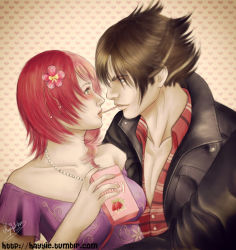 Rule 34 | 1boy, 1girl, alisa boskonovich, bad id, bad pixiv id, bare shoulders, blush, brown hair, casual, eye contact, flower, food, hair flower, hair ornament, hayyie, heart, heart background, jacket, jewelry, lars alexandersson, leather, leather jacket, lips, looking at another, multicolored hair, namco, necklace, nose, pearl necklace, pink hair, pocky, pocky kiss, red hair, shared food, short hair, spiked hair, split-color hair, strawberry pocky, tekken, tekken 6, tekken tag tournament 2, two-tone hair, watermark, web address