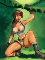 Rule 34 | 1girl, bare shoulders, boots, breasts, brown eyes, brown hair, cameltoe, gloves, lara croft, see-through, shiny skin, shorts, solo, tomb raider