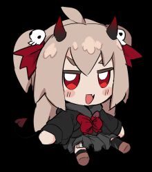 Rule 34 | 1girl, black background, black cardigan, black skirt, blush, blush stickers, bow, bowtie, brown footwear, brown hair, cardigan, demon horns, demon tail, evil neuro-sama, fang, fumo (doll), hair bow, hair ornament, highres, horns, indie virtual youtuber, long hair, looking at viewer, neuro-sama, open mouth, pasharuu, red bow, red bowtie, red eyes, shoes, simple background, sitting, skin fang, skirt, skull hair ornament, smile, solo, tail, two side up, virtual youtuber