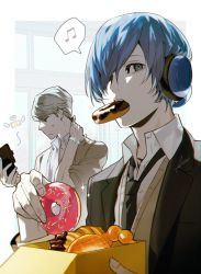 Rule 34 | 2boys, black jacket, black necktie, blue eyes, blue hair, btmr game, cellphone, doughnut, food, grey hair, hair over one eye, headphones, holding, holding phone, jacket, male focus, mouth hold, multiple boys, musical note, narukami yuu, necktie, pastry box, persona, persona 3, persona 4, phone, signature, sparkle, spoken musical note, sweat, upper body, watch, wristwatch, yuuki makoto (persona 3)