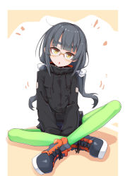Rule 34 | 1girl, akari (raigou), black footwear, black jacket, blush, boots, borrowed character, bow, brown eyes, chestnut mouth, commentary request, drawstring, full body, glasses, green pantyhose, grey hair, hair bow, head tilt, highres, jacket, long hair, long sleeves, low twintails, ogami kazuki, original, over-rim eyewear, pantyhose, parted lips, red-framed eyewear, semi-rimless eyewear, shadow, sitting, solo, thick eyebrows, twintails, very long hair, white bow