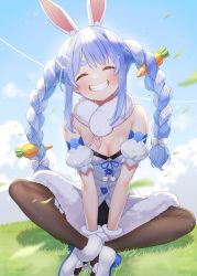 Rule 34 | 1girl, ^ ^, animal ears, blue hair, blue sky, braid, breasts, brown pantyhose, carrot hair ornament, cleavage, clenched teeth, closed eyes, cloud, day, don-chan (usada pekora), food-themed hair ornament, grass, hair ornament, highres, hololive, indian style, medium breasts, multicolored hair, outdoors, pantyhose, rabbit ears, sitting, sky, smile, solo, teeth, tomozu, twin braids, two-tone hair, usada pekora, usada pekora (1st costume), virtual youtuber, white hair