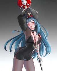 Rule 34 | 1girl, absurdres, artist name, asymmetrical gloves, azur lane, black dress, black gloves, black hat, blue hair, blush, bodystocking, center opening, cleavage cutout, clothing cutout, cowboy shot, dress, forked tongue, gloves, gradient background, grey background, hat, highres, holding, holding scepter, holding staff, leaning forward, looking at viewer, m/, marco polo (azur lane), microdress, mismatched gloves, nyiccco, pantyhose, red eyes, scepter, solo, staff, standing, tongue, white gloves
