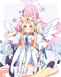 Rule 34 | 2girls, angel wings, animal ears, black footwear, blonde hair, blue archive, blush, closed eyes, dress, feathered wings, fox ears, hair bun, halo, heart, long hair, mika (blue archive), multiple girls, open mouth, pantyhose, pink hair, pink halo, red eyes, seia (blue archive), shoes, short sleeves, single side bun, sleeves past fingers, sleeves past wrists, smile, spoken heart, spoken squiggle, squiggle, very long hair, white dress, white pantyhose, white wings, wide sleeves, wings, yun (dust-i1)