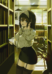 Rule 34 | 1girl, :o, absurdres, artist name, bespectacled, black hair, black skirt, black thighhighs, blue eyes, blush, book, bookshelf, breasts, bsue, ceiling, ceiling light, clipboard, collarbone, commentary request, copyright name, cowboy shot, day, garter straps, glasses, grey shirt, hairband, hand in own hair, hand up, high-waist skirt, highres, holding, idolmaster, idolmaster cinderella girls, indoors, large breasts, legs together, library, long hair, long sleeves, looking at viewer, miniskirt, open mouth, pencil skirt, picture frame, plant, potted plant, round eyewear, sagisawa fumika, shirt, shirt tucked in, sidelocks, skirt, solo, standing, sunlight, thighhighs, window, wooden floor, zettai ryouiki