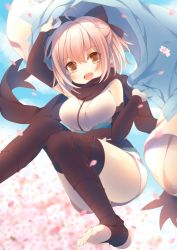 Rule 34 | 1girl, :d, ahoge, anju (mocomocousagi), black bow, black gloves, black theme, black thighhighs, blonde hair, bow, breasts, commentary request, elbow gloves, fate/grand order, fate (series), gloves, hair bow, japanese clothes, kimono, large breasts, looking at viewer, okita souji (fate), okita souji (koha-ace), open mouth, partially fingerless gloves, shinsengumi, short kimono, smile, solo, thighhighs, yellow eyes
