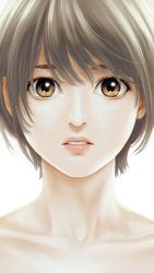Rule 34 | 1girl, brown eyes, close-up, hare-kon., highres, lips, looking at viewer, maezono koharu, non (mangaka), nude, parted lips, portrait, short hair, simple background, solo, upper body, white background