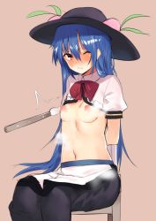 Rule 34 | &gt;:(, 1girl, apron, arms behind back, asuzemu, bdsm, black hat, black skirt, blue hair, blush, bondage, bound, bound arms, bow, bowtie, breasts, brown background, chair, commentary request, feet out of frame, food, fruit, hair between eyes, hat, hinanawi tenshi, leaf, long hair, long skirt, looking at viewer, navel, nipples, one eye closed, peach, puffy short sleeves, puffy sleeves, red bow, red bowtie, red eyes, shirt, short sleeves, simple background, sitting, skirt, small breasts, solo, stomach, sweat, touhou, v-shaped eyebrows, very long hair, waist apron, white apron, white shirt, wing collar