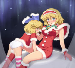 Rule 34 | 2girls, alice margatroid, alice margatroid (pc-98), arms up, ass, bell, between legs, blonde hair, blue eyes, blush, capelet, dual persona, female focus, flx, gloves, hair ribbon, hairband, multiple girls, mystic square, no pants, open mouth, panties, red gloves, ribbon, santa costume, short hair, striped clothes, striped legwear, striped thighhighs, thighhighs, time paradox, touhou, touhou (pc-98), underwear, white panties, yellow eyes