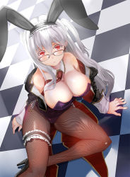 Rule 34 | 1girl, animal ears, arm support, bare shoulders, black footwear, black pantyhose, breasts, bridal garter, checkered floor, cleavage, coattails, detached collar, dutch angle, fake animal ears, fishnet pantyhose, fishnets, from above, glasses, hairband, high heels, jacket, kiryuu takahisa, large breasts, leotard, long hair, looking at viewer, maid headdress, necktie, off shoulder, on floor, open clothes, open jacket, original, over-rim eyewear, pantyhose, parted lips, playboy bunny, puffy short sleeves, puffy sleeves, rabbit ears, red eyes, red necktie, semi-rimless eyewear, shade, shoes, short sleeves, side-tie leotard, silver hair, sitting, solo, tailcoat, two side up
