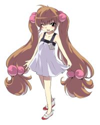 Rule 34 | 1girl, bare shoulders, brown eyes, brown hair, child, dress, full body, hair bobbles, hair ornament, highres, kodomo no jikan, kokonoe rin, long hair, name tag, one eye closed, onoderaonoderao, open mouth, shoes, simple background, smile, solo, standing, uwabaki, very long hair, white background, wink
