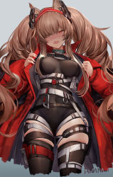 Rule 34 | 1girl, :d, am1m, angelina (arknights), angelina (distinguished visitor) (arknights), animal ears, arknights, artist name, belt, black choker, black leotard, black thighhighs, blush, breasts, breasts apart, brown hair, chinese commentary, choker, coat, commentary request, covered navel, cropped legs, eyes visible through hair, fox ears, gluteal fold, grey background, hair over one eye, hairband, head tilt, headgear, highres, large breasts, leotard, long hair, long sleeves, looking at viewer, medium breasts, nail polish, nose blush, official alternate costume, open clothes, open coat, open mouth, pink nails, pouch, red coat, red eyes, red hairband, sidelocks, simple background, skin tight, skindentation, smile, solo, thigh strap, thighhighs, thighs, twintails, undressing, very long hair, wavy mouth, white belt