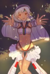 Rule 34 | 10s, 1girl, altera (fate), artoria pendragon (all), artoria pendragon (fate), blush, choker, dark-skinned female, dark skin, fate/extella, fate/extra, fate (series), from above, gluteal fold, highres, looking at viewer, lying, navel, on back, outstretched arms, purple hair, reaching, reaching towards viewer, red eyes, saber (fate), solo, thighs, xue fengzi